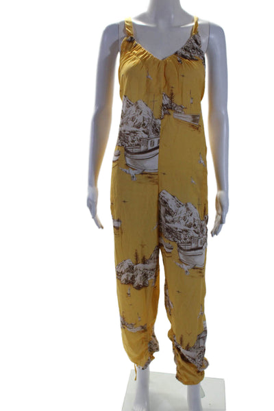 Agua Bendita Womens Printed Sleeveless V Neck Jumpsuit Yellow Size Small