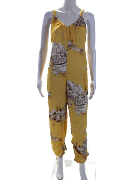 Agua Bendita Womens Printed Sleeveless V Neck Jumpsuit Yellow Size Small