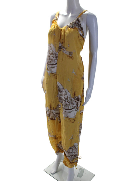 Agua Bendita Womens Printed Sleeveless V Neck Jumpsuit Yellow Size Small