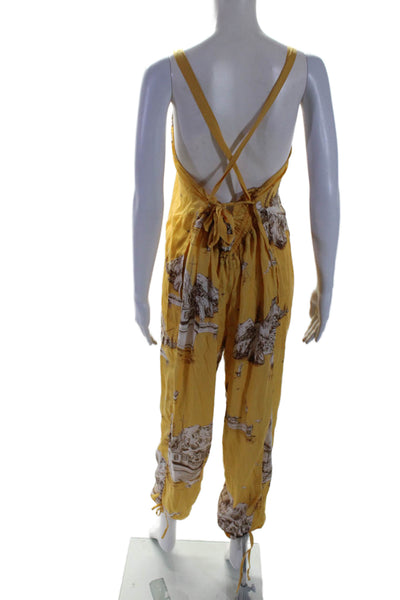 Agua Bendita Womens Printed Sleeveless V Neck Jumpsuit Yellow Size Small