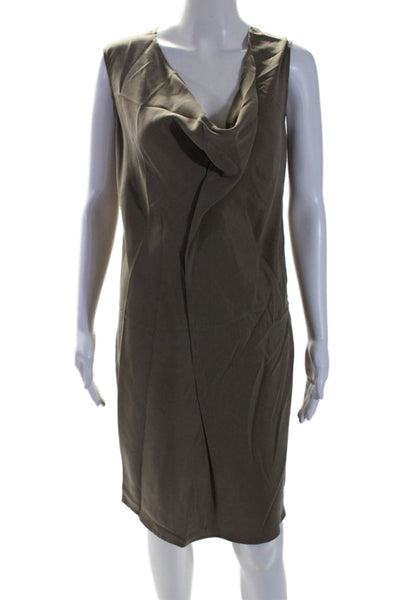 Maggie Ward Womens Cotton Leather Trim Cowl Neck Midi Shift Dress Brown Size M