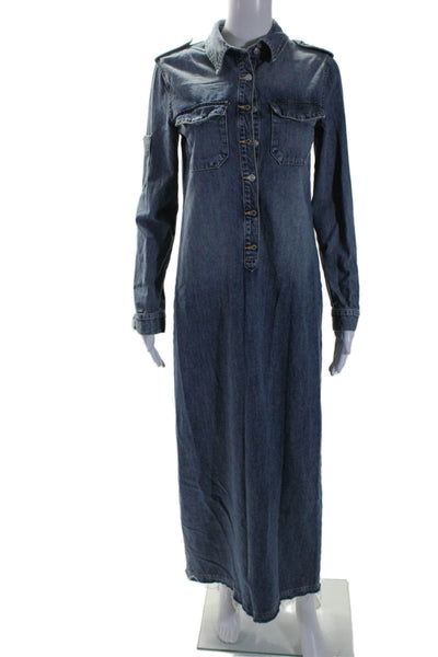 Zara Womens Denim Button Up Long Sleeve Maxi Dress Blue Size M