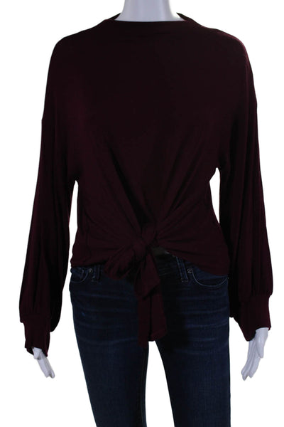 Amour Vert Womens Long Sleeve Mock Neck Tie Front Blouse Burgundy Size M