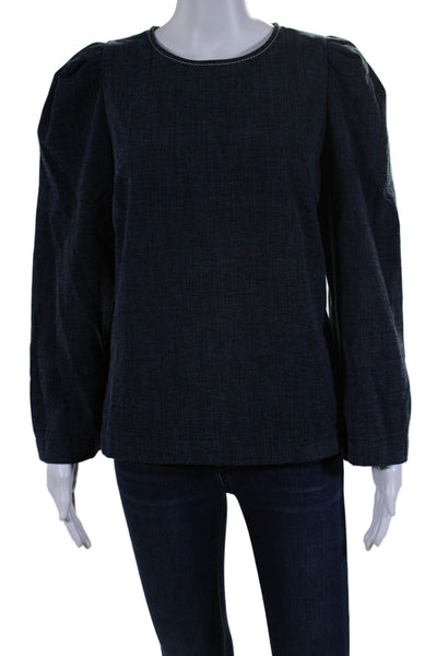 Odeeh Womens Cotton Tweed Back Zip Long Flounce Sleeve Shirt Dark Blue Size 40