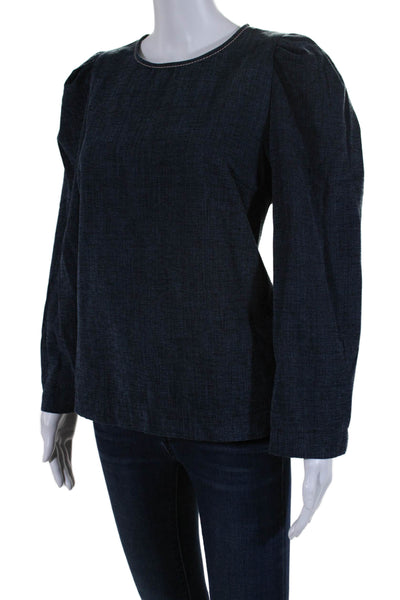 Odeeh Womens Cotton Tweed Back Zip Long Flounce Sleeve Shirt Dark Blue Size 40