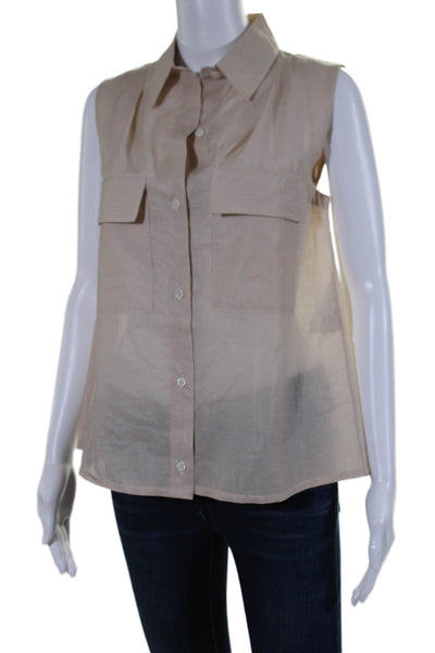 Tela Womens Silk Charmeuse Sleeveless Collared Button Up Blouse Beige Size 42