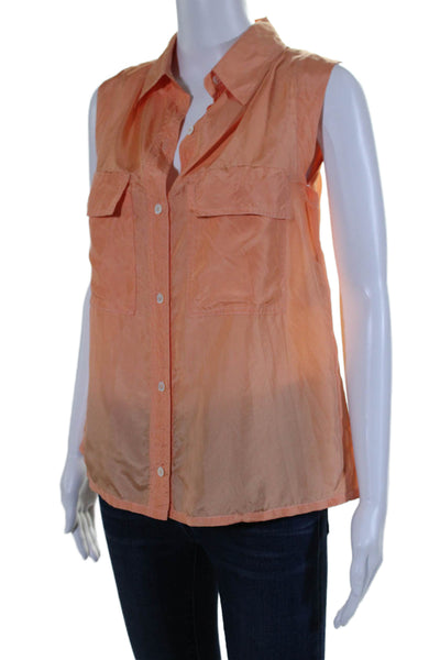 Tela Womens Silk Charmeuse Sleeveless Collared Button Up Blouse Orange Size 42