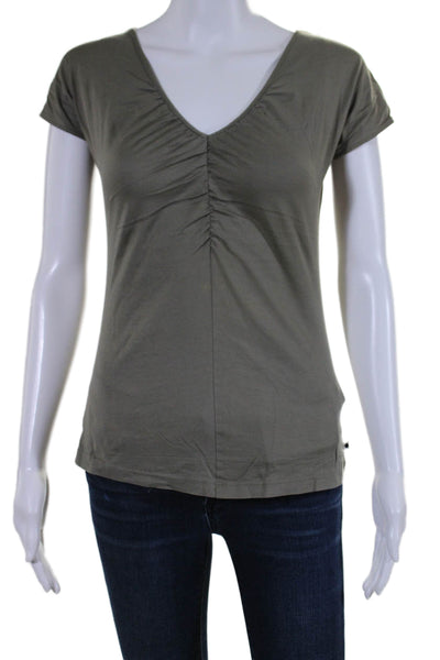 Akris Punto Womens Short Sleeves V Neck Blouse Olive Green Cotton Size 8