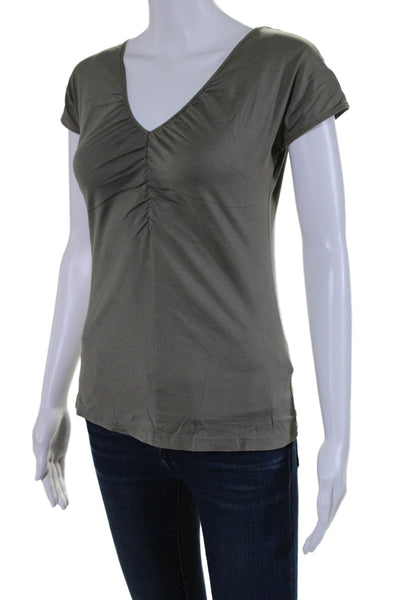 Akris Punto Womens Short Sleeves V Neck Blouse Olive Green Cotton Size 8