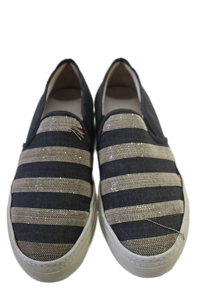 Brunello Cucinelli Womens Gray Beaded Striped Slip On Sneakers Shoes Size 6