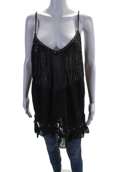 Ramy Brook Womens Cotton Studded Textured Ruffled Hem Tank Blouse Black Size 2XS