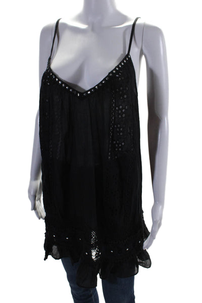 Ramy Brook Womens Cotton Studded Textured Ruffled Hem Tank Blouse Black Size 2XS