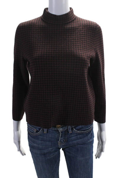 Theory Womens Wool Knit Houndstooth Print Long Sleeve Turtleneck Top Red Size S