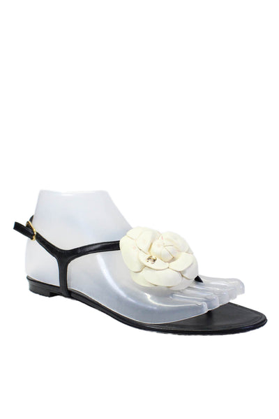 Chanel Womens Leather Flower Detail Slingback Thong Sandals Black Size 36.5 6.5