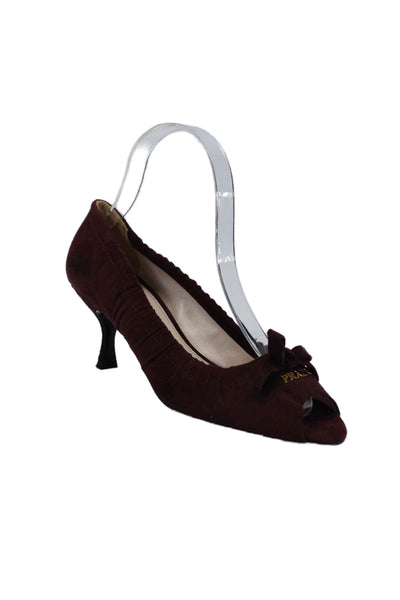 Prada Womens Suede Open Toe Slip On Kitten Heels Pumps Burgundy Size 36.5 6.5