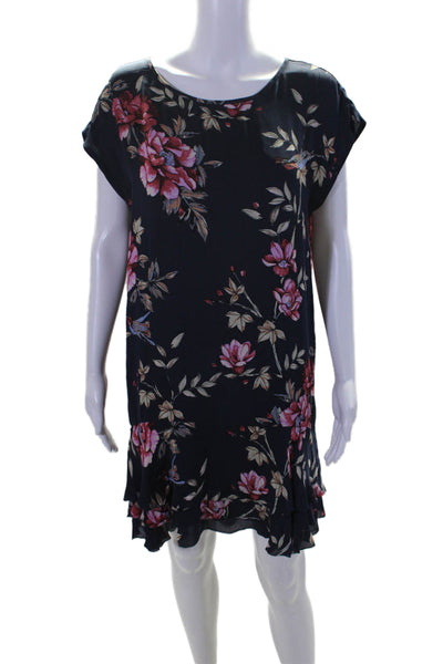 Joie Womens Silk Floral Round Neck Back Buttoned Peplum Hem Dress Navy Size M