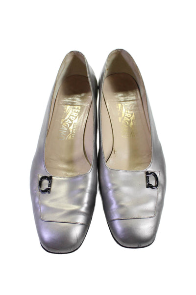 Salvatore Ferragamo Womens Metallic Leather Cap Toe Low Pumps Silver Size 10