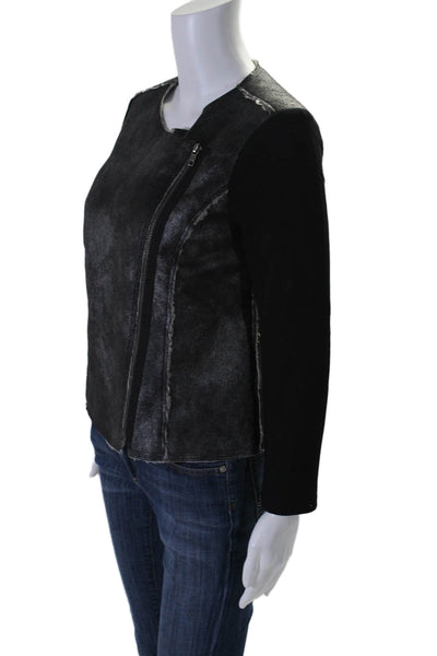 Ella Moss Womens Black Faux Shearling Crew Neck Zip Long Sleeve Jacket Size S