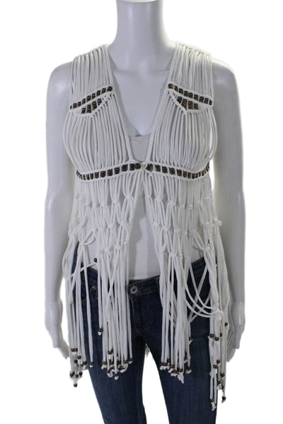 Cindigindi Womens White Beaded Open Front Fringe Sleeveless Vest Jacket Size OS