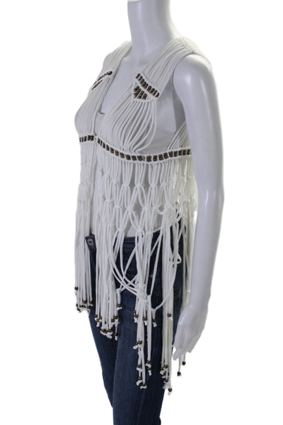 Cindigindi Womens White Beaded Open Front Fringe Sleeveless Vest Jacket Size OS