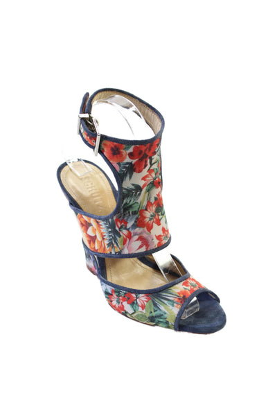 Schutz Womens Wedge Heel Floral Ankle Strap Sandals Blue White Canvas Size 7.5