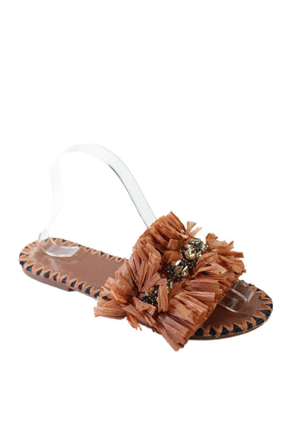 De Siena Womens Raffia Fringe Crystal Slide Sandals Brown Size 37