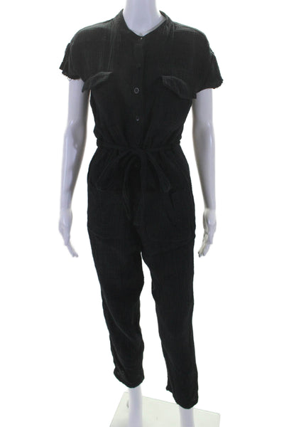 Monrow Womens Textured Button Belted Short Sleeve Slip-On Jumpsuit Black Size S