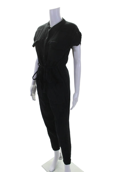 Monrow Womens Textured Button Belted Short Sleeve Slip-On Jumpsuit Black Size S