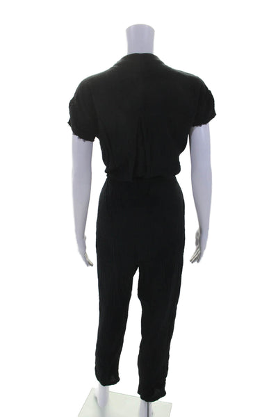 Monrow Womens Textured Button Belted Short Sleeve Slip-On Jumpsuit Black Size S