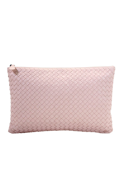 Bottega Veneta Womens Leather Woven Textured Zippered Clutch Handbag Pink