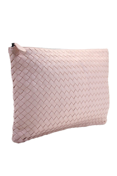 Bottega Veneta Womens Leather Woven Textured Zippered Clutch Handbag Pink