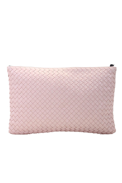 Bottega Veneta Womens Leather Woven Textured Zippered Clutch Handbag Pink