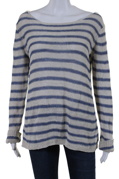 Vince Womens Linen Striped Textured Long Sleeve Knit Sweater Top White Size L