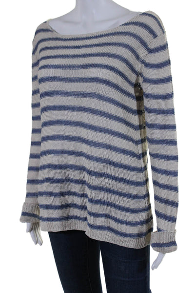 Vince Womens Linen Striped Textured Long Sleeve Knit Sweater Top White Size L