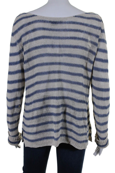 Vince Womens Linen Striped Textured Long Sleeve Knit Sweater Top White Size L