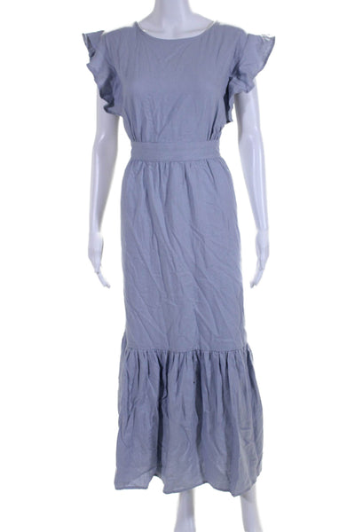 Cynthia Rowley Womens Linen Ruffled Zipped Empire Waist Maxi Dress Blue Size L