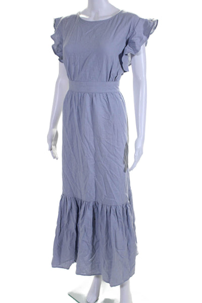 Cynthia Rowley Womens Linen Ruffled Zipped Empire Waist Maxi Dress Blue Size L