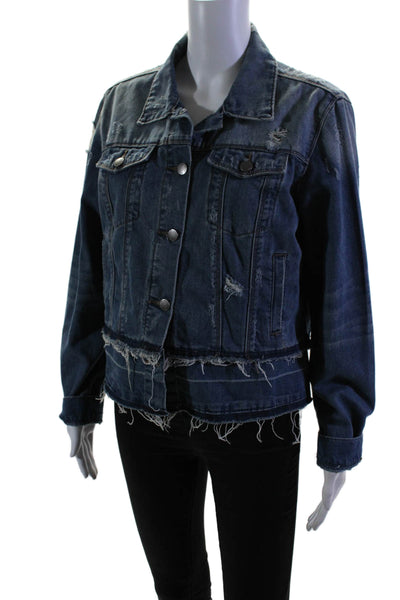 Velvet Heart Womens Blue Cotton Distress Ripped Long Sleeve Denim Jacket Size M