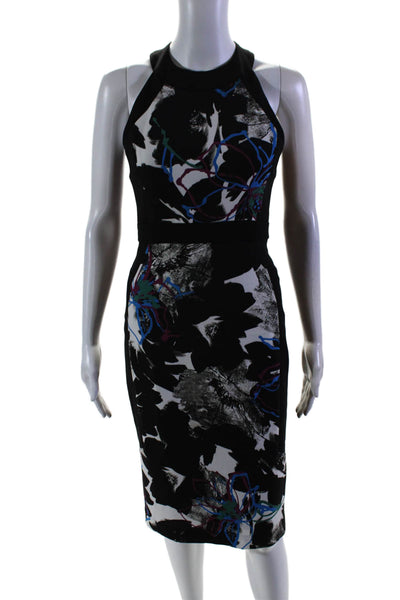 Badgley Mischka Womens Floral Print High Neck Lined Pencil Dress Black Size 2