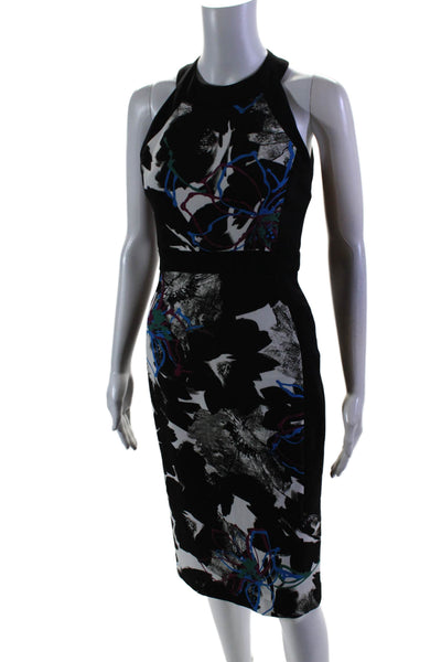 Badgley Mischka Womens Floral Print High Neck Lined Pencil Dress Black Size 2