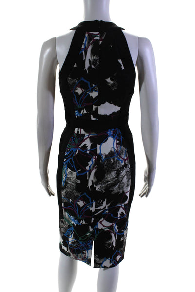 Badgley Mischka Womens Floral Print High Neck Lined Pencil Dress Black Size 2