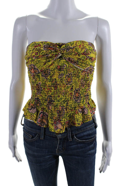 Free People Womens Cotton Floral Print Ruched Strapless Top Yellow Size XS