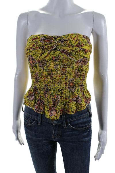 Free People Womens Cotton Floral Print Ruched Strapless Top Yellow Size XS