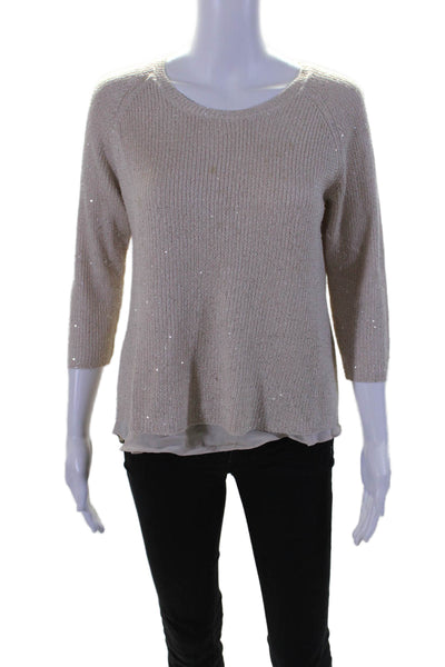 Neiman Marcus Womens Silk Cashmere Sequined Layered Sweater Top Beige Size M