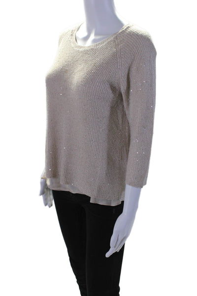 Neiman Marcus Womens Silk Cashmere Sequined Layered Sweater Top Beige Size M