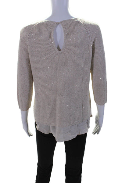 Neiman Marcus Womens Silk Cashmere Sequined Layered Sweater Top Beige Size M