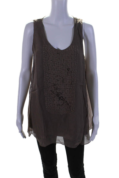 Brunello Cucinelli Womens Silk Texture Patchwork Scoop Neck Blouse Brown Size XL