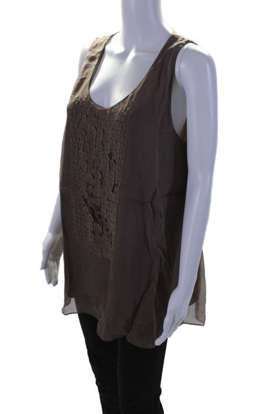 Brunello Cucinelli Womens Silk Texture Patchwork Scoop Neck Blouse Brown Size XL