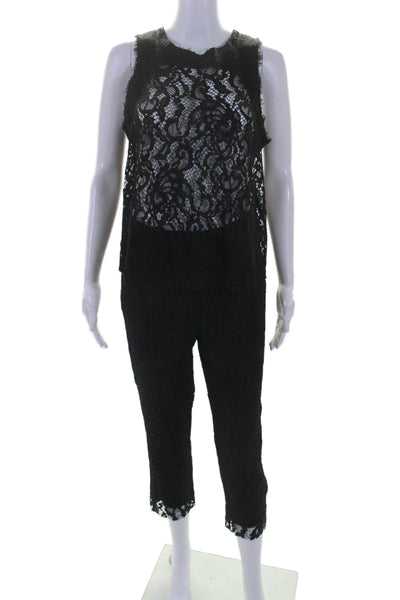 Roi Womens Cotton Floral Lace Textured Zipped Blouse Pants Set Black Size S