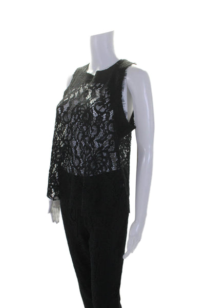 Roi Womens Cotton Floral Lace Textured Zipped Blouse Pants Set Black Size S